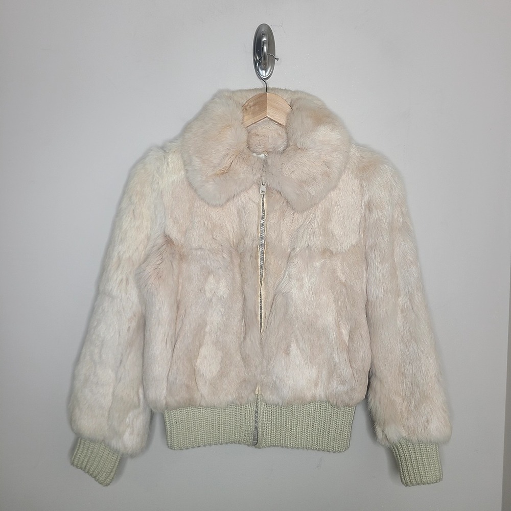 Vtg Split End Ltd Jacket Womens Small White Rabbit Fur Bomber Short Full Zip